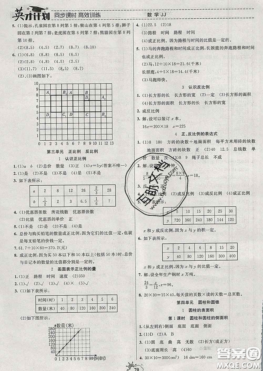 2020年英才計劃同步課時高效訓練六年級數學下冊冀教版答案