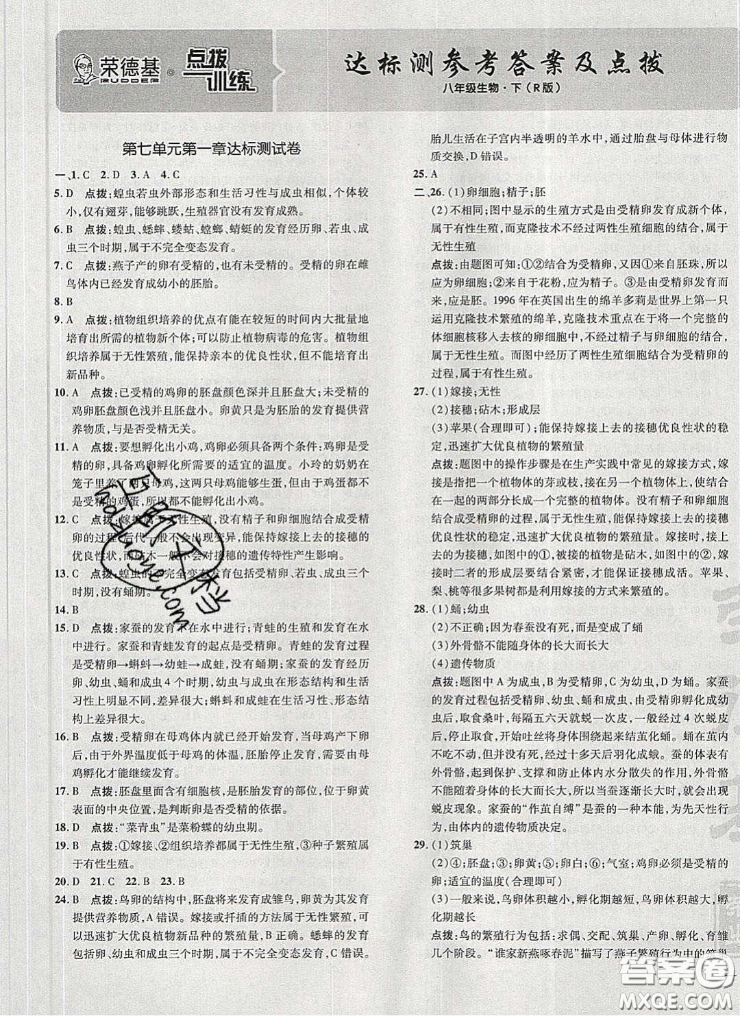 2020榮德基點(diǎn)撥訓(xùn)練八年級生物下冊人教版答案