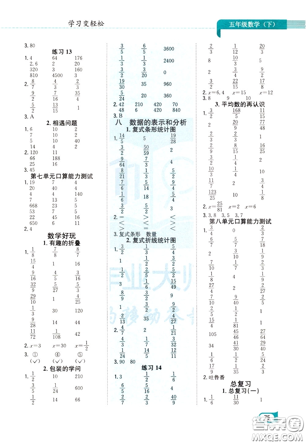陜西人民教育出版社2020年口算一本通五年級(jí)下冊(cè)數(shù)學(xué)北京師大版參考答案