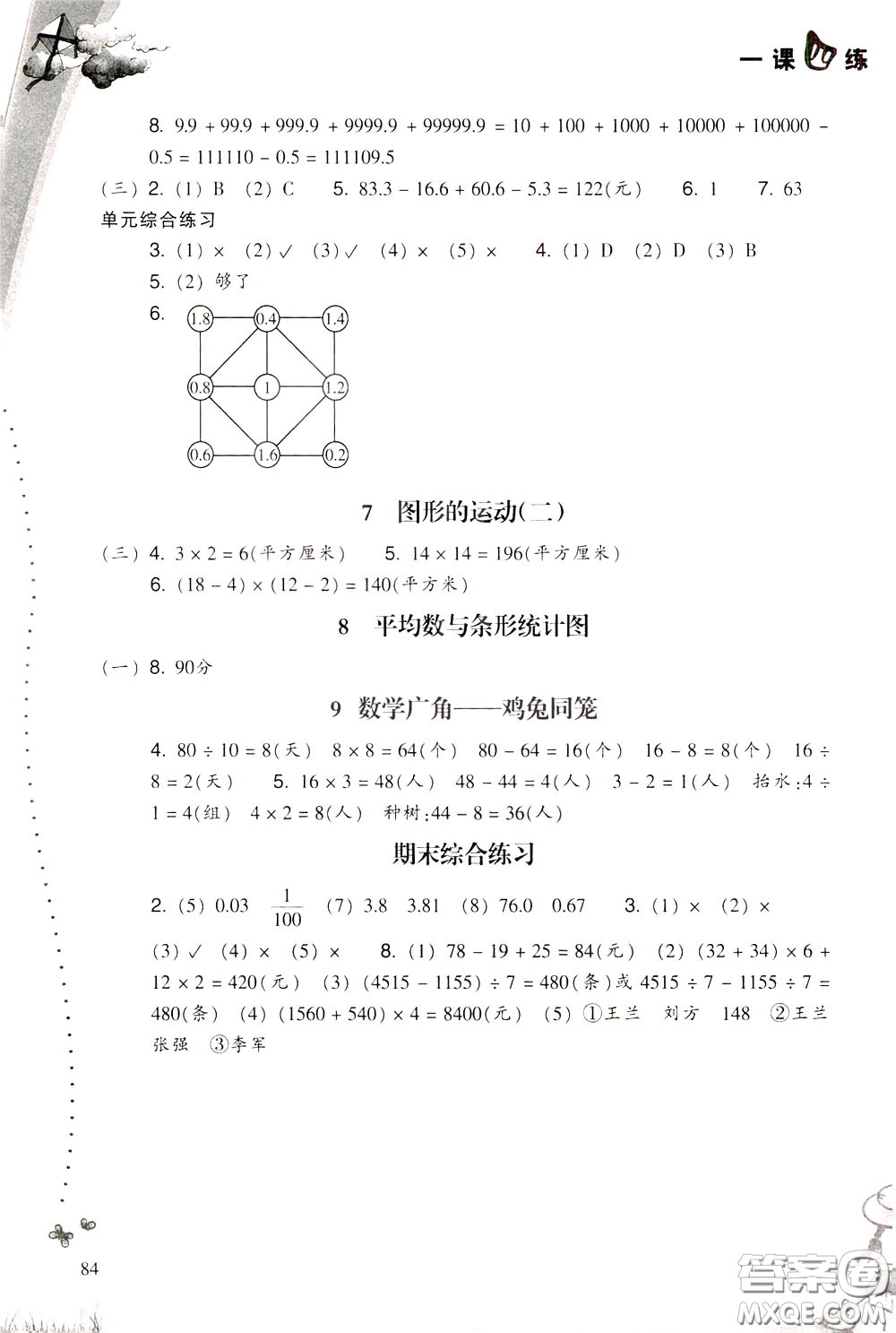 2020年小學(xué)數(shù)學(xué)一課四練四年級下冊R版人教版參考答案