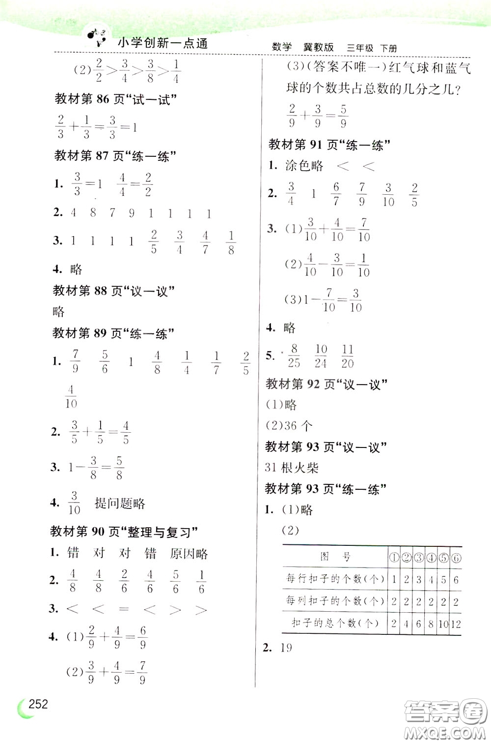 2020年小學(xué)創(chuàng)新一點通數(shù)學(xué)三年級下冊冀教版參考答案