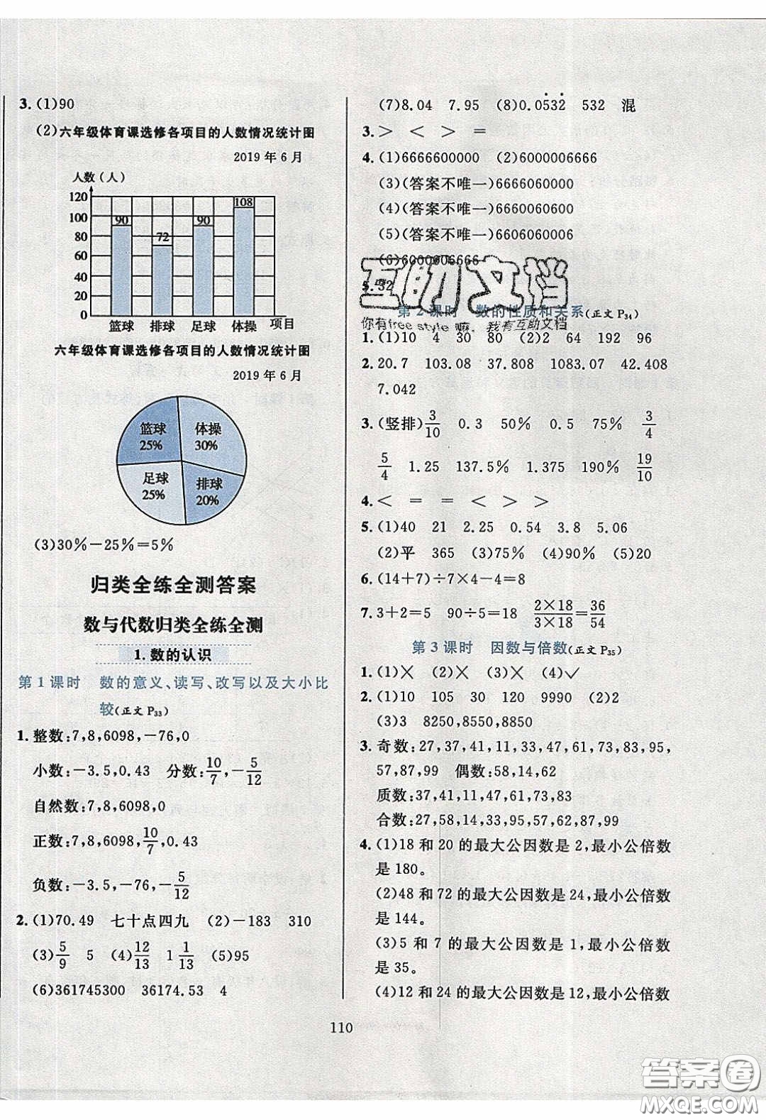 2020年小學教材全練六年級數(shù)學下冊西師大版答案