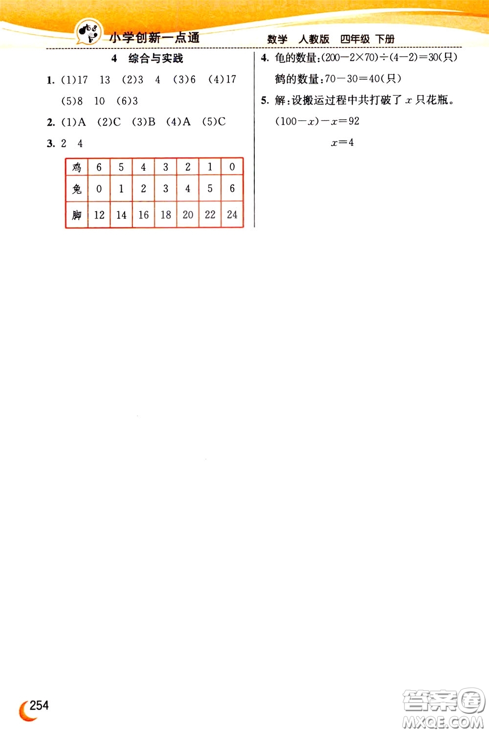 2020年小學創(chuàng)新一點通數(shù)學四年級下冊人教版參考答案