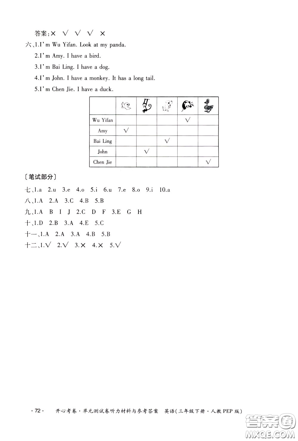 2020年開(kāi)心考卷單元試卷英語(yǔ)三年級(jí)下冊(cè)人教PEP版參考答案
