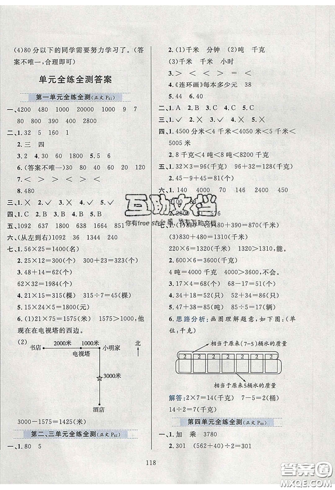 2020年小學(xué)教材全練三年級數(shù)學(xué)下冊江蘇版答案