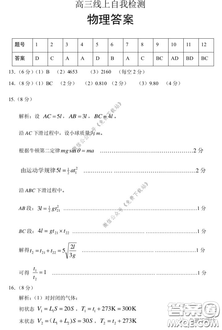 2020年濟(jì)寧市高三線上自我檢測物理答案