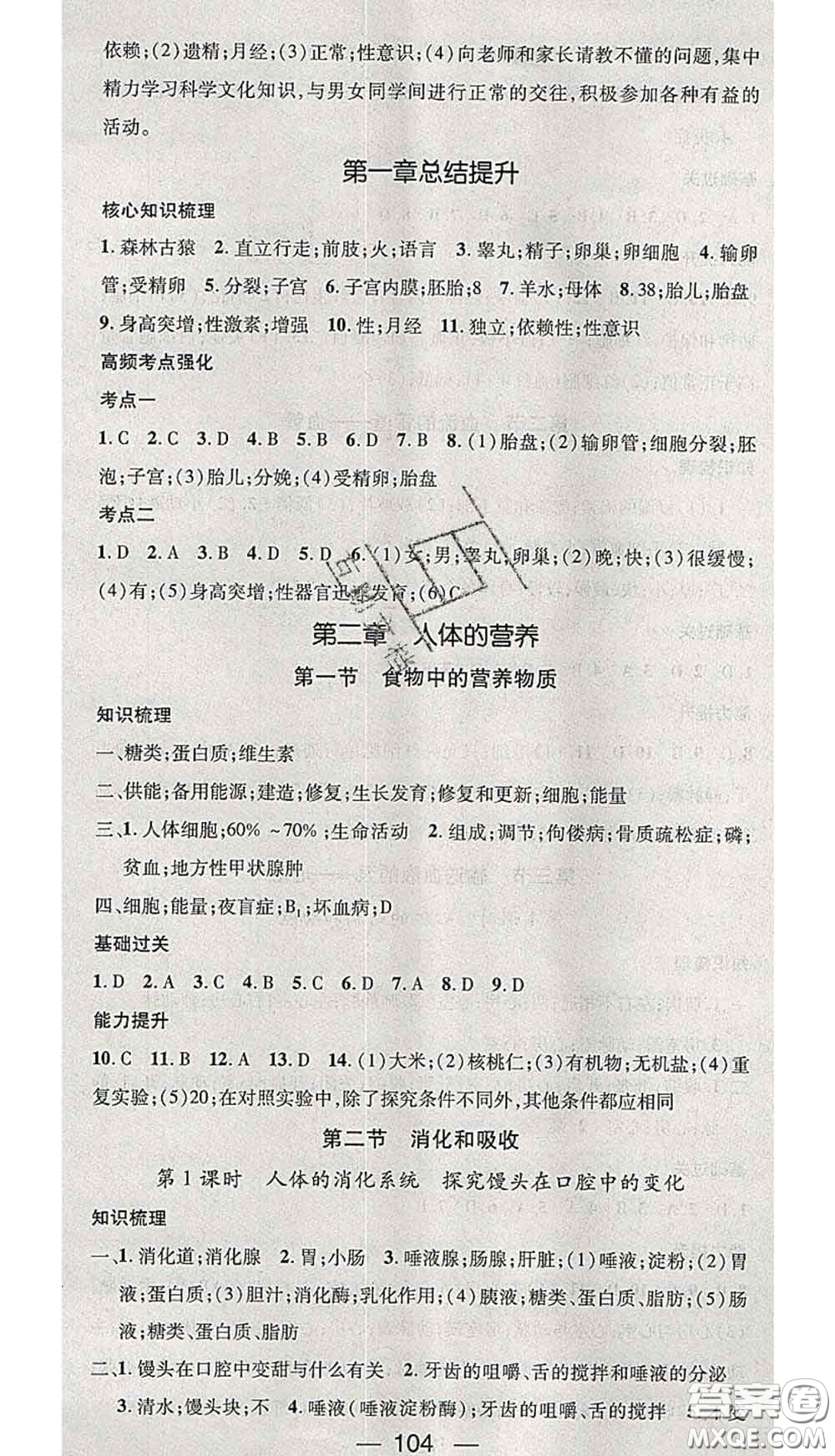 江西教育出版社2020春季名師測控七年級生物下冊人教版答案