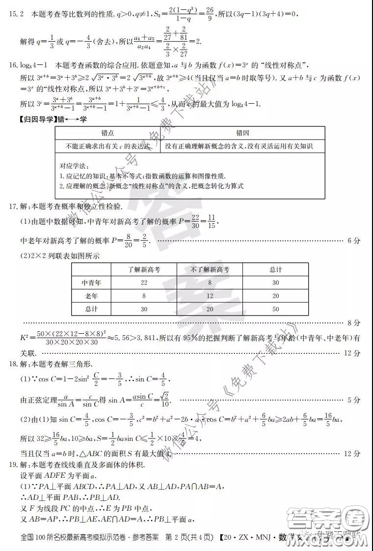 2020年全國(guó)100所名校最新高考模擬示范卷五文科數(shù)學(xué)答案