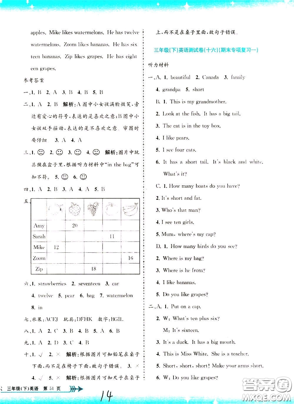 孟建平系列叢書2020年小學(xué)單元測試英語三年級(jí)下冊(cè)R人教版參考答案