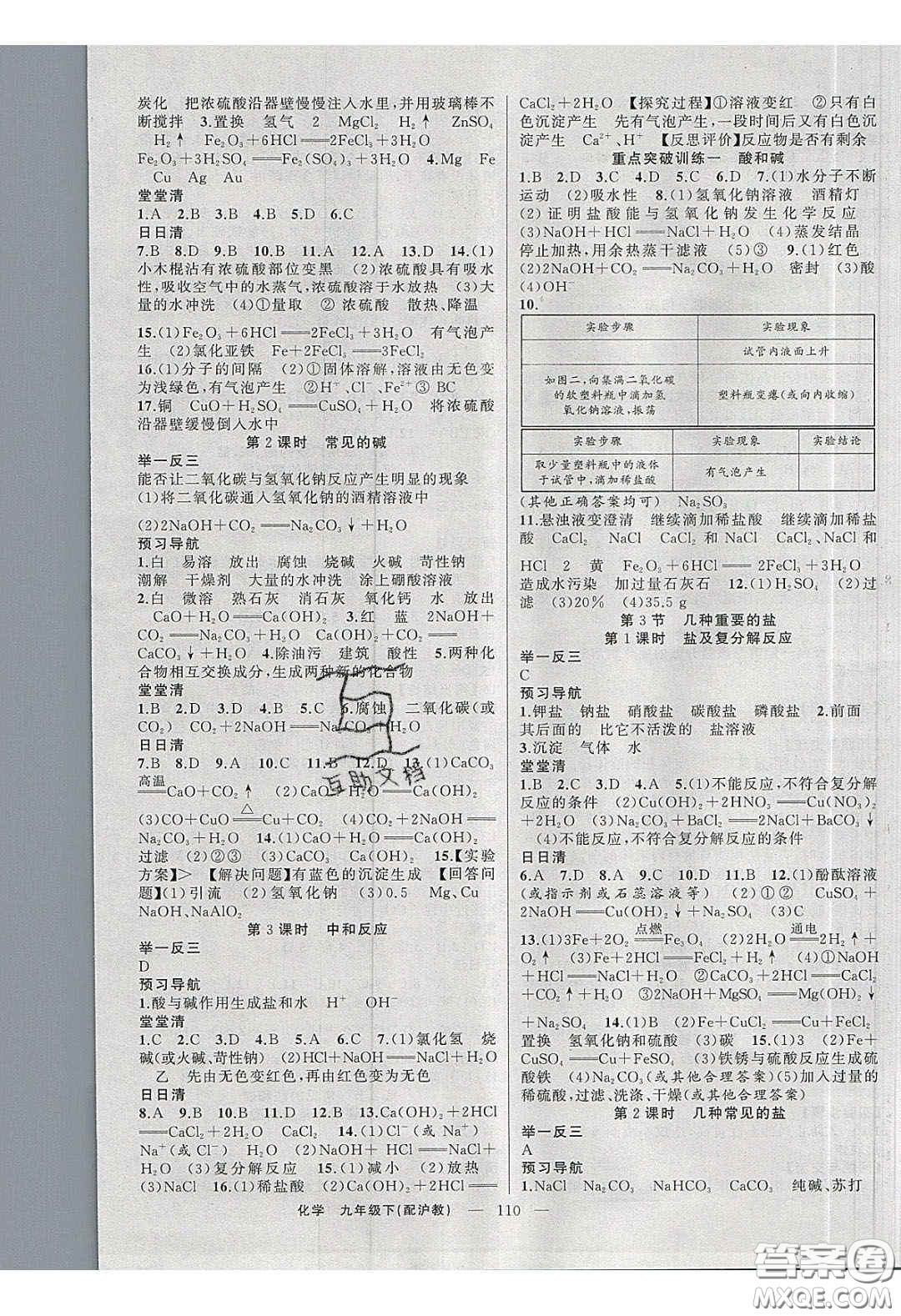 2020年四清導(dǎo)航九年級化學(xué)下冊滬教版答案