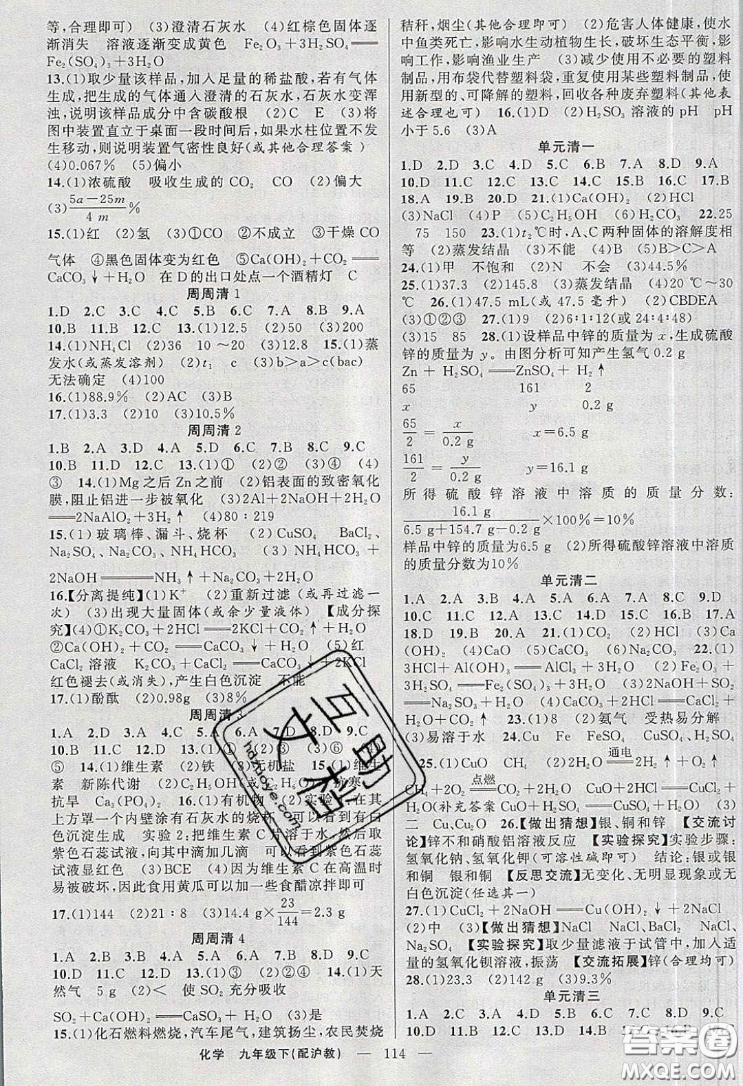 2020年四清導(dǎo)航九年級化學(xué)下冊滬教版答案