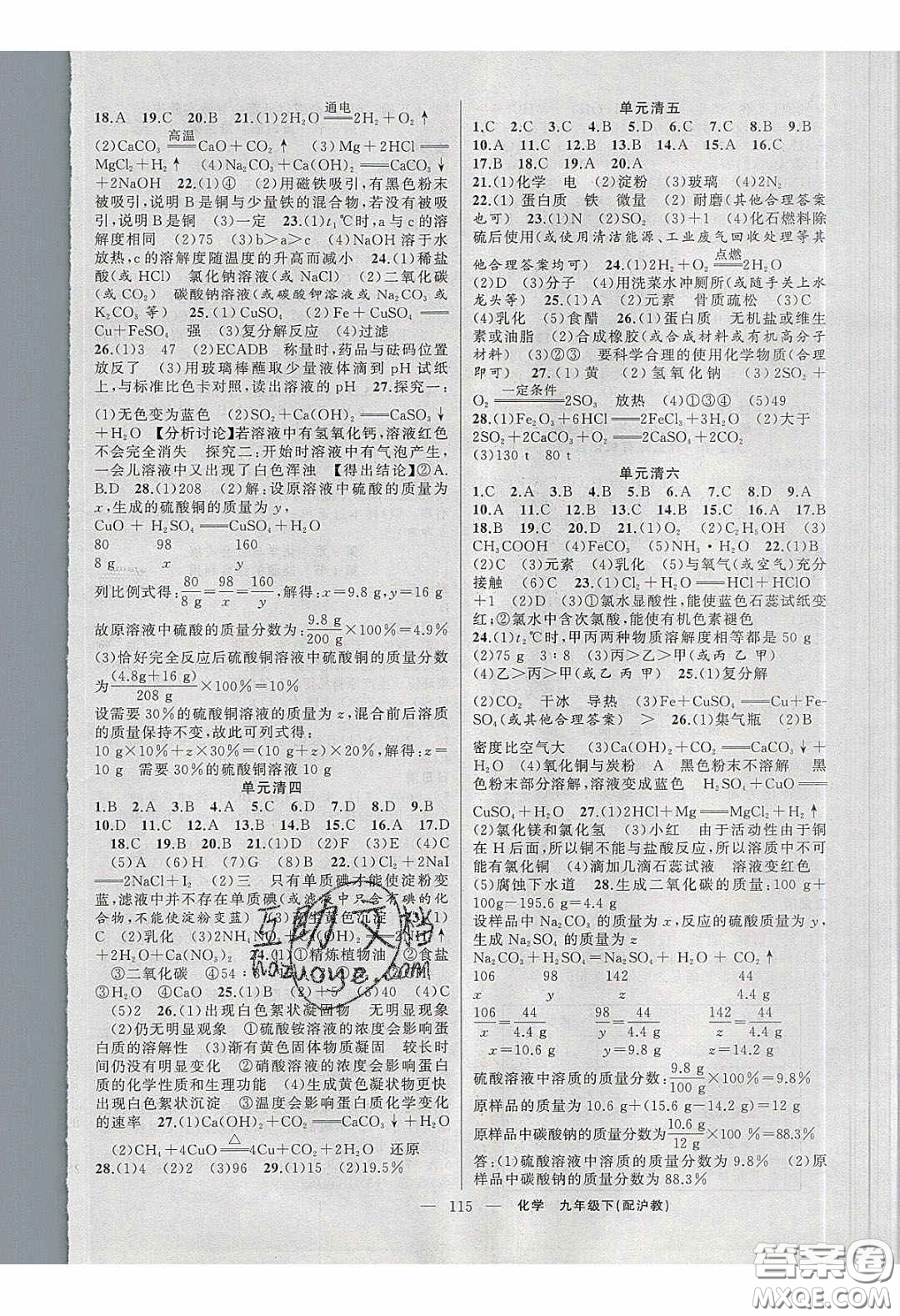 2020年四清導(dǎo)航九年級化學(xué)下冊滬教版答案