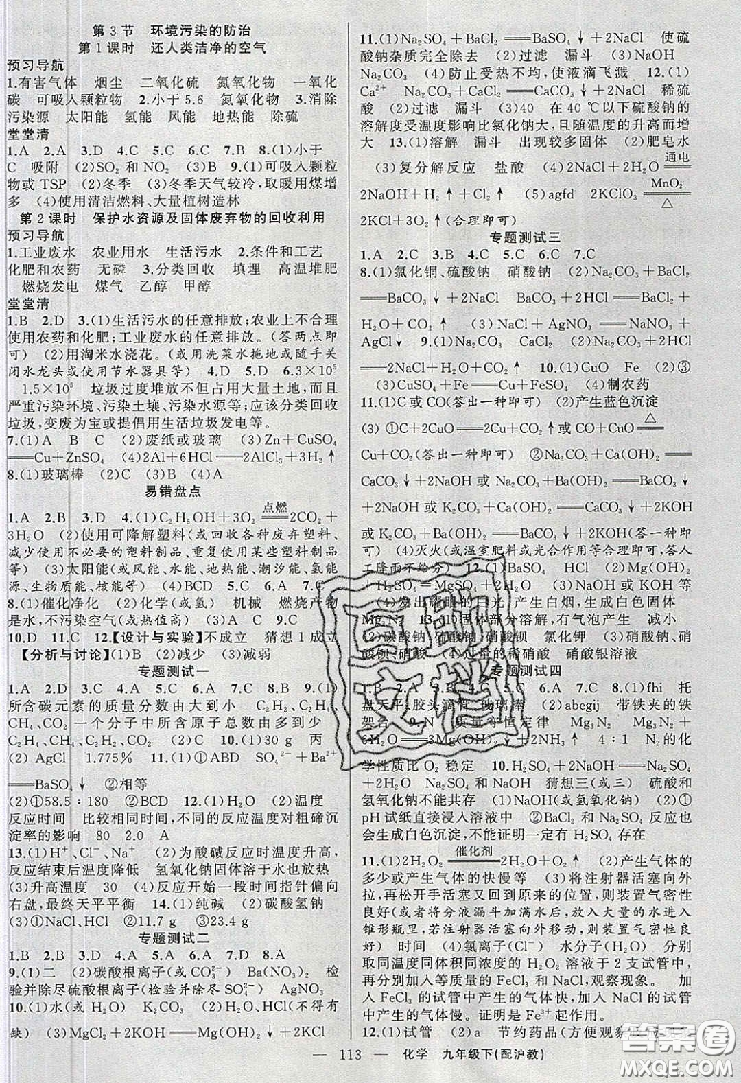 2020年四清導(dǎo)航九年級化學(xué)下冊滬教版答案