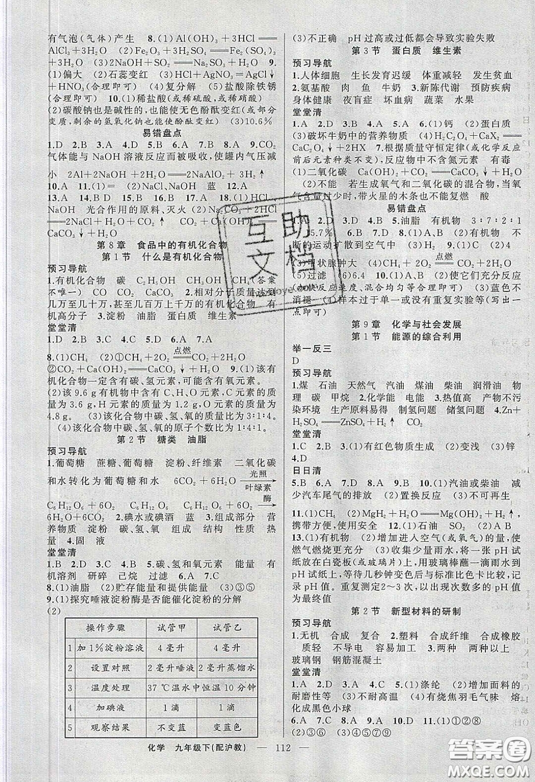 2020年四清導(dǎo)航九年級化學(xué)下冊滬教版答案