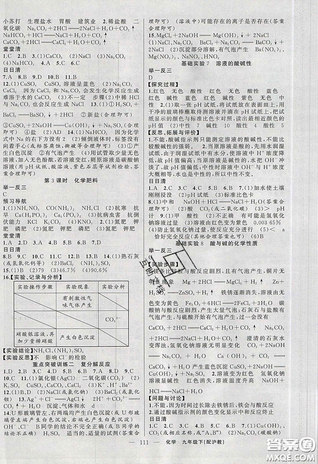 2020年四清導(dǎo)航九年級化學(xué)下冊滬教版答案