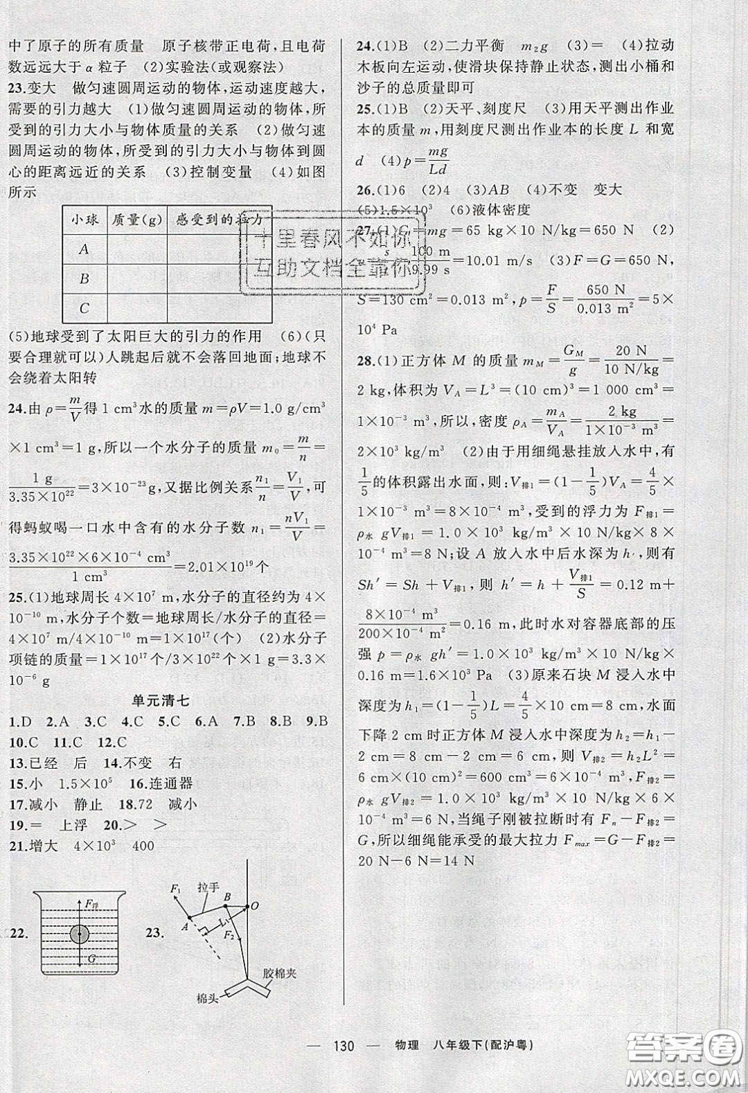 獵豹圖書2020年四清導航八年級物理下冊滬粵版答案
