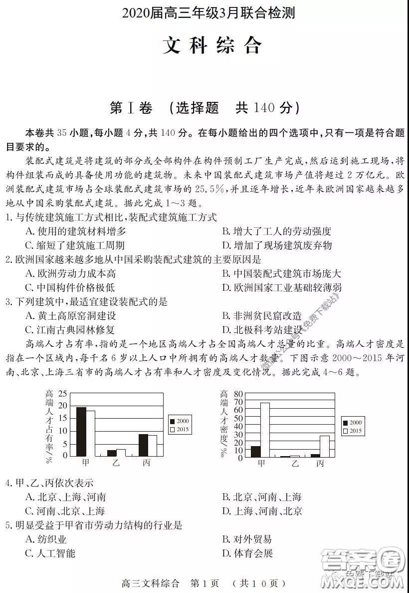 河南六市2020屆高三年級3月聯(lián)合檢測文科綜合試題及答案