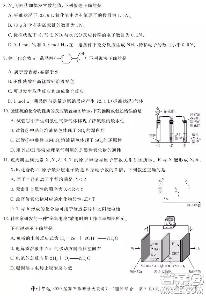 神州智達(dá)2020屆高三診斷性大聯(lián)考一理科綜合試題及答案