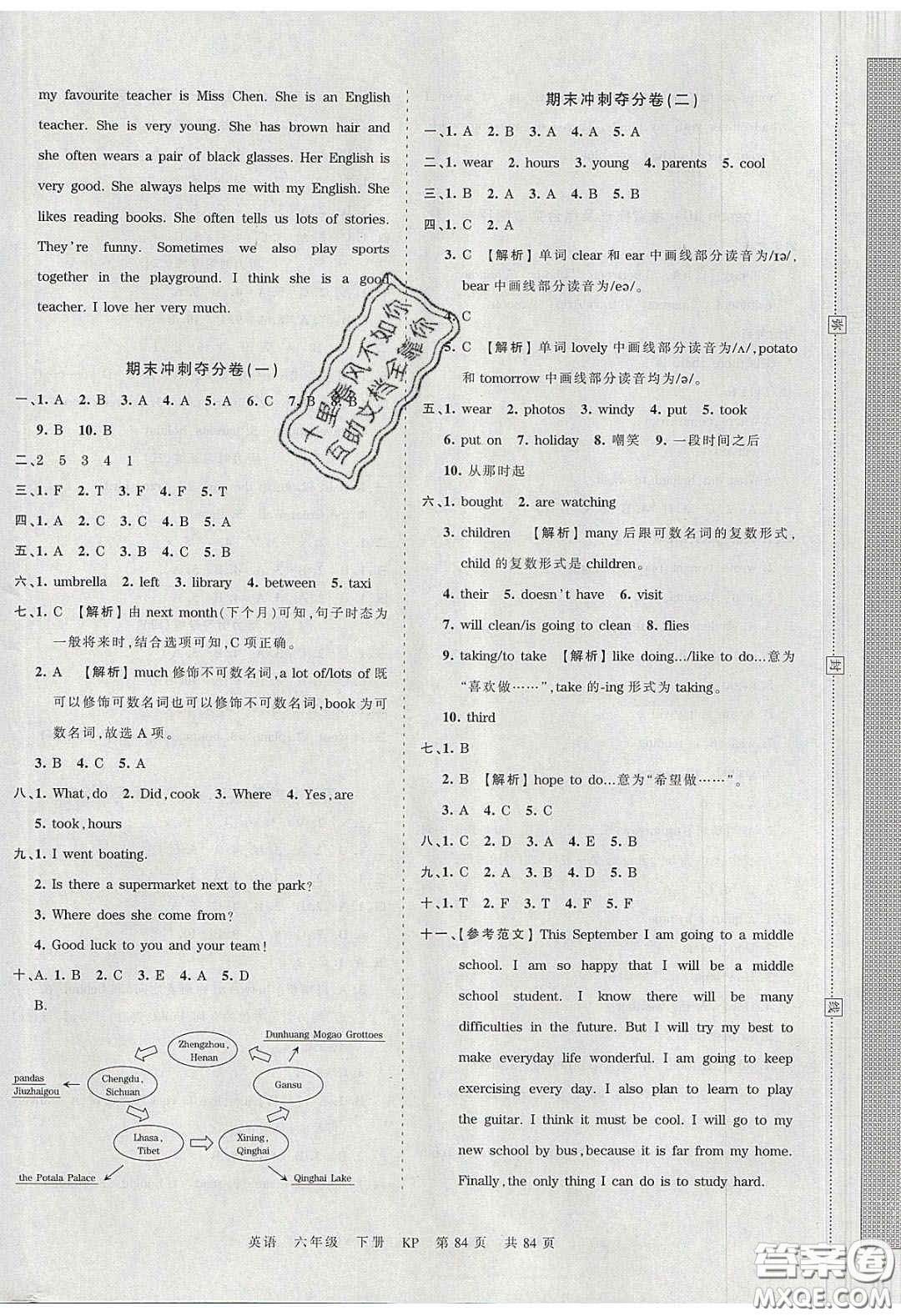2020年王朝霞考點梳理時習(xí)卷六年級英語下冊科普版答案