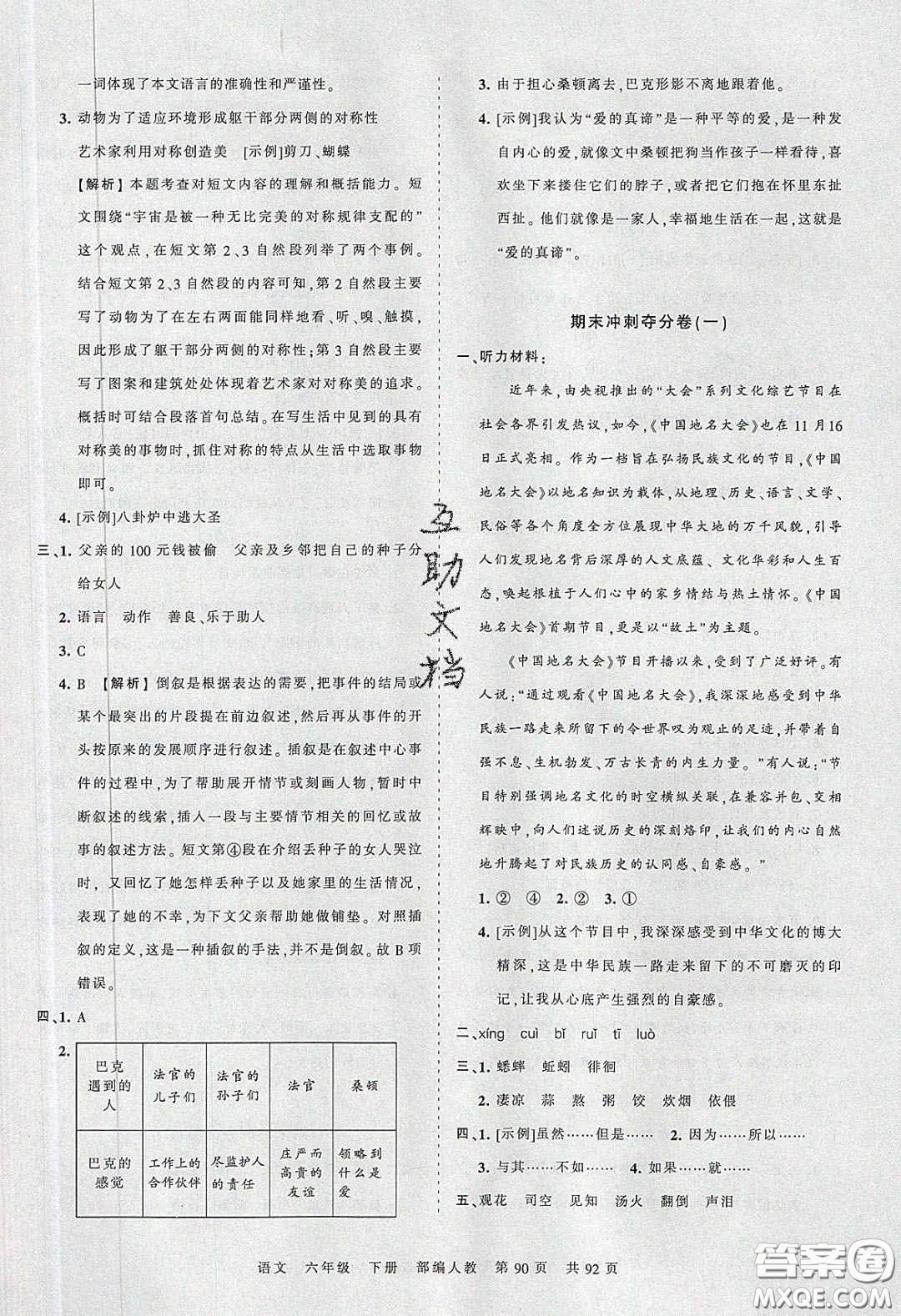 2020年王朝霞考點(diǎn)梳理時(shí)習(xí)卷六年級(jí)語文下冊(cè)人教版答案