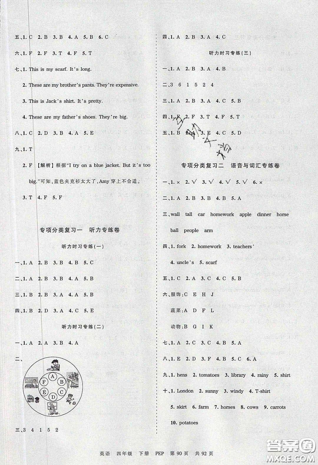 江西人民出版社2020年王朝霞考點(diǎn)梳理時習(xí)卷四年級英語下冊人教PEP版答案
