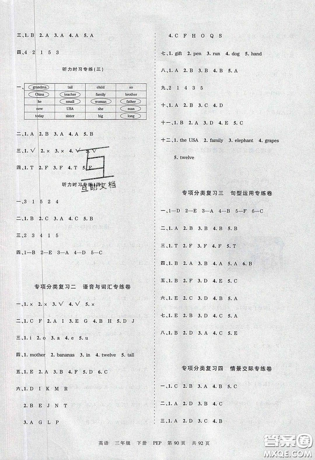江西人民出版社2020年王朝霞考點(diǎn)梳理時(shí)習(xí)卷三年級(jí)數(shù)學(xué)下冊(cè)人教版答案