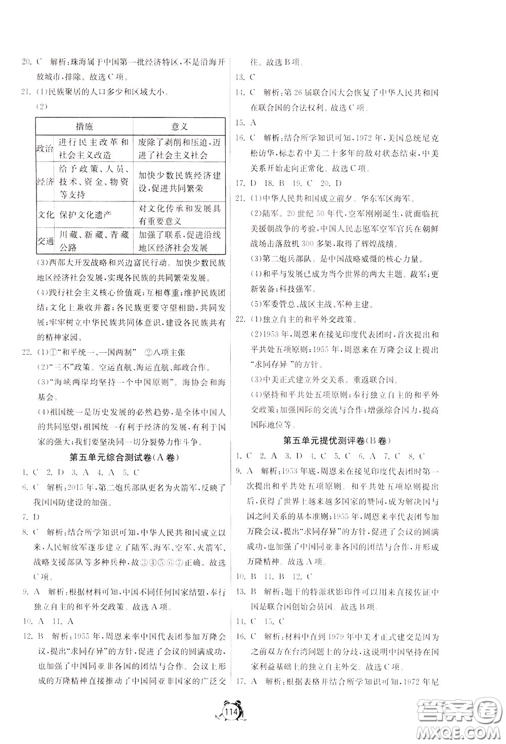 2020年單元雙測全程提優(yōu)測評卷歷史八年級下冊RMJY人民教育版參考答案