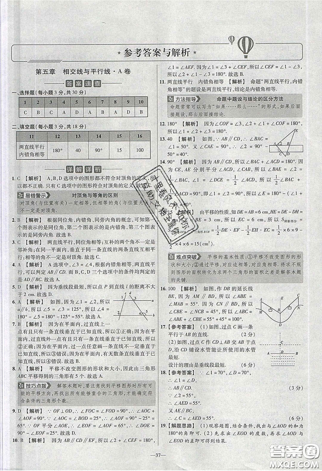 2020年金考卷活頁(yè)題選名師名題單元雙測(cè)七年級(jí)數(shù)學(xué)下冊(cè)人教版答案