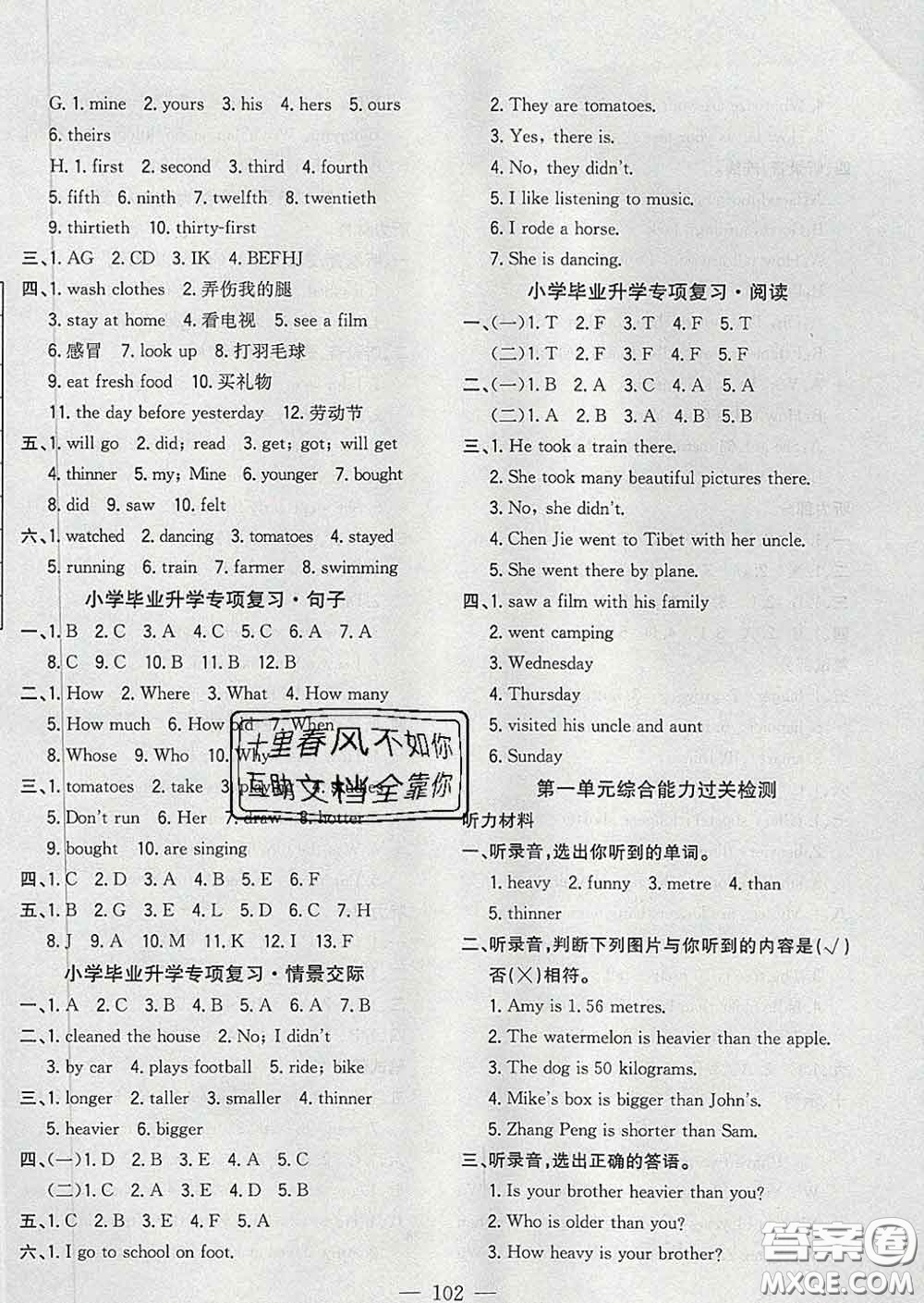 2020新版課時(shí)特訓(xùn)優(yōu)化作業(yè)本六年級(jí)英語(yǔ)下冊(cè)人教版答案