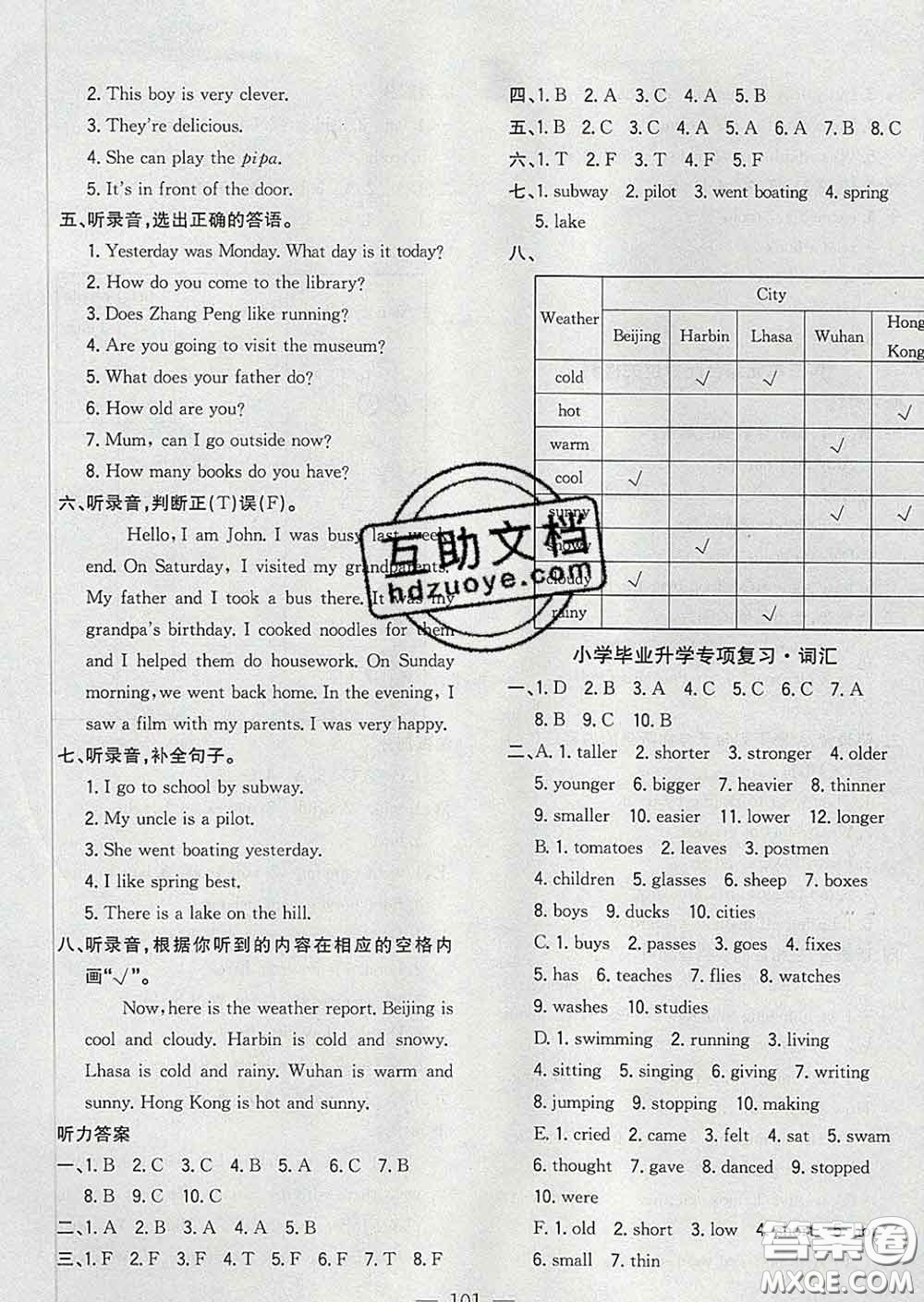 2020新版課時(shí)特訓(xùn)優(yōu)化作業(yè)本六年級(jí)英語(yǔ)下冊(cè)人教版答案