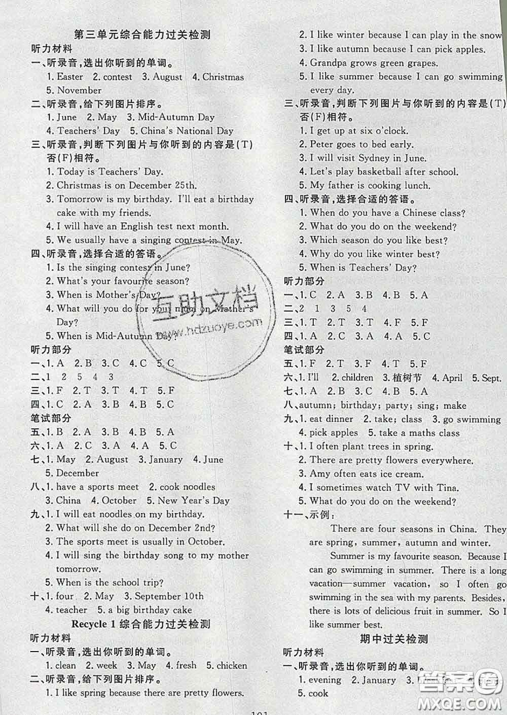 2020新版課時特訓(xùn)優(yōu)化作業(yè)本五年級英語下冊人教版答案