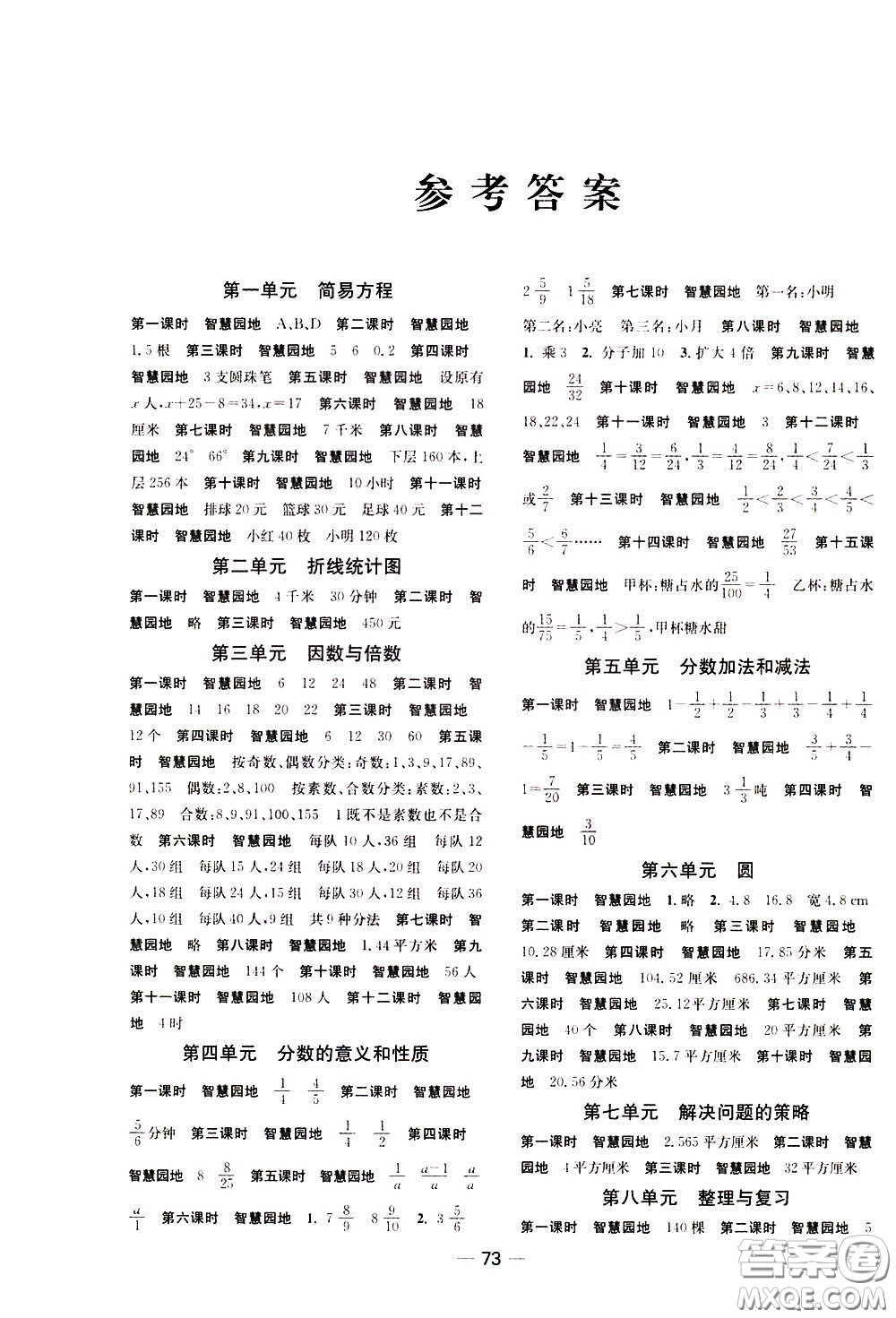 2020年隨堂練1加2課課練單元卷數(shù)學(xué)五年級下冊江蘇版參考答案