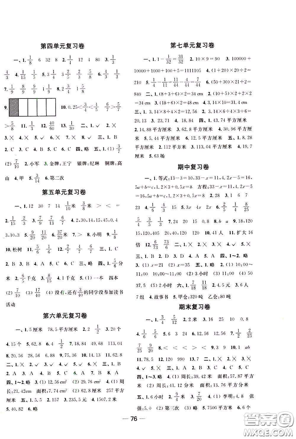 2020年隨堂練1加2課課練單元卷數(shù)學(xué)五年級下冊江蘇版參考答案