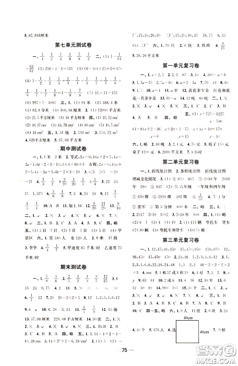 2020年隨堂練1加2課課練單元卷數(shù)學(xué)五年級下冊江蘇版參考答案