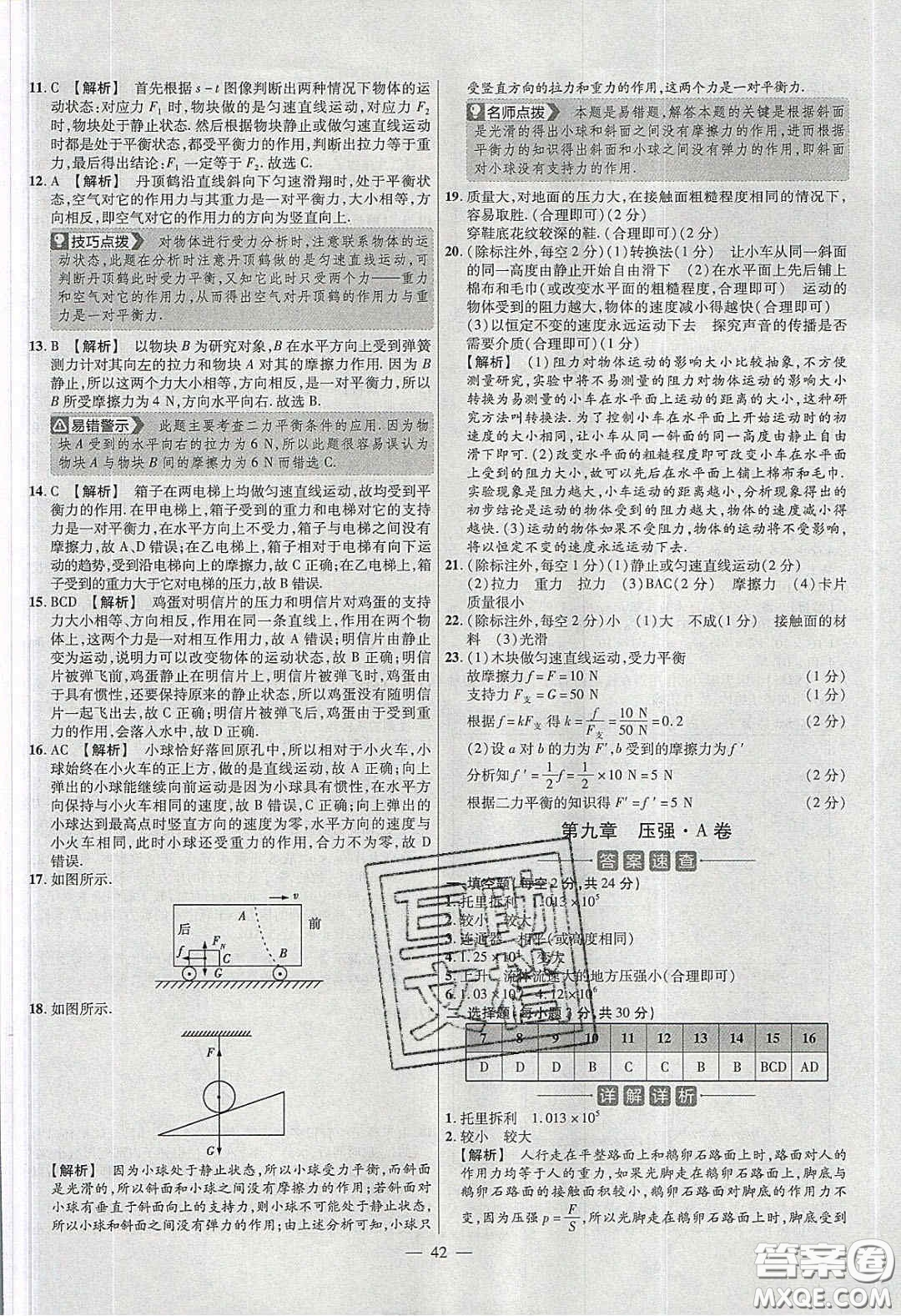 2020年金考卷活頁題選名師名題單元雙測八年級(jí)物理下冊人教版答案