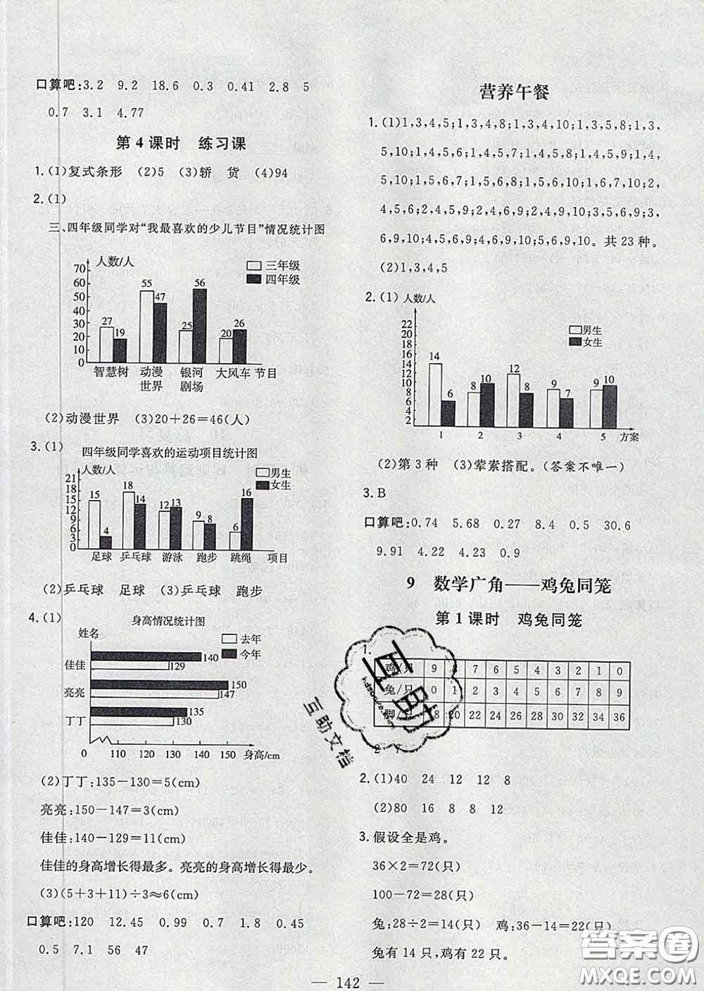 2020新版課時特訓優(yōu)化作業(yè)本四年級數(shù)學下冊人教版答案