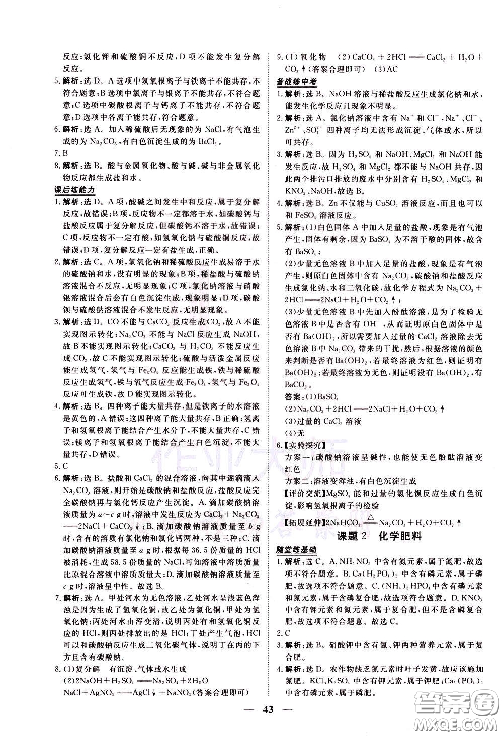 2020年新坐標同步練習化學九年級下冊人教版參考答案