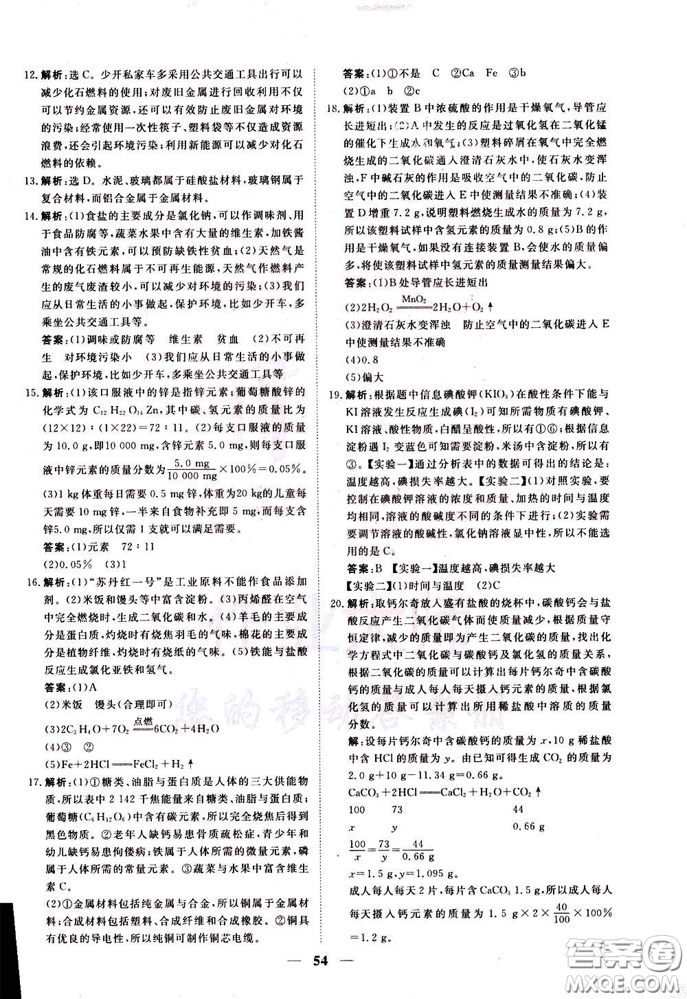 2020年新坐標同步練習化學九年級下冊人教版參考答案