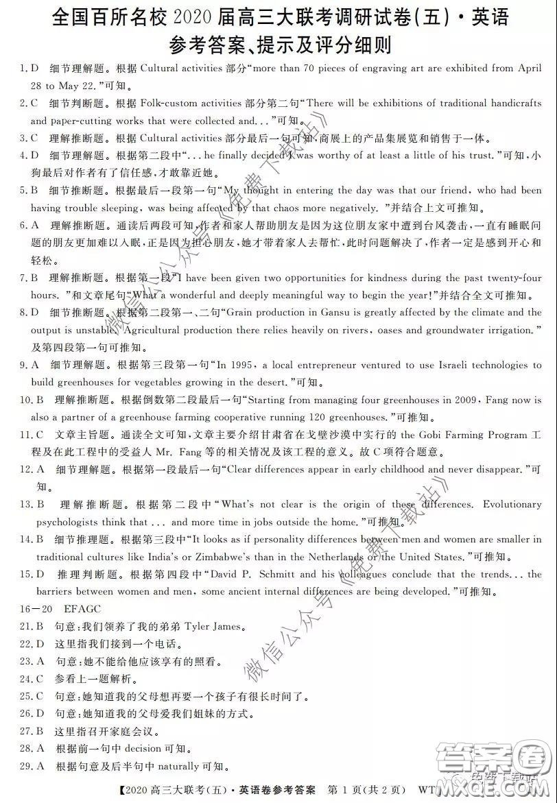 全國百所名校2020屆高三大聯(lián)考調研試卷五英語答案
