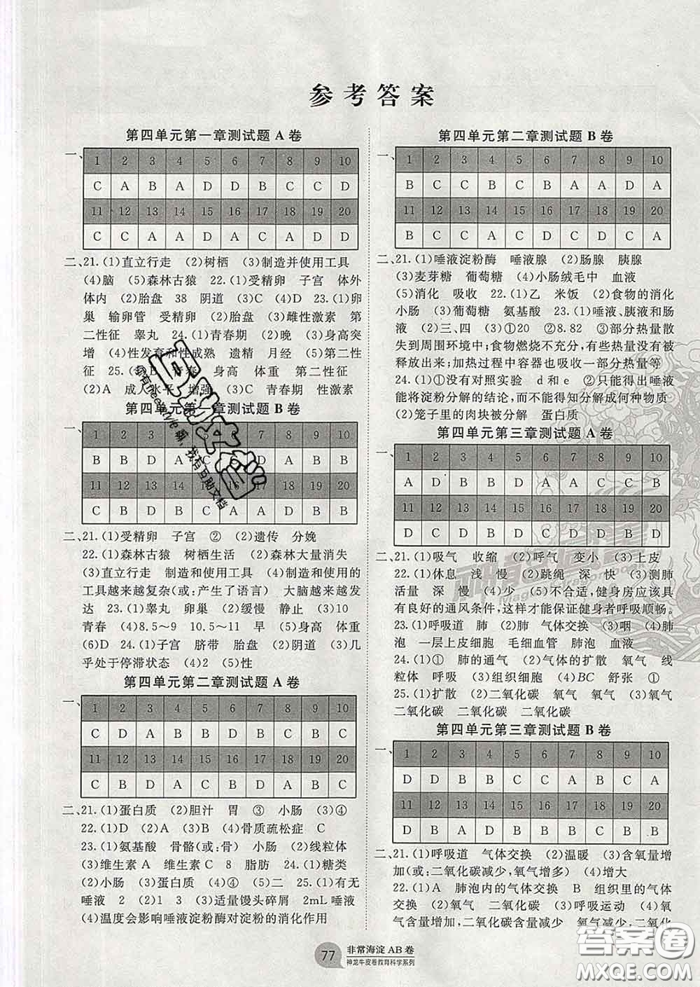 2020新版非常海淀單元測試AB卷七年級生物下冊人教版答案