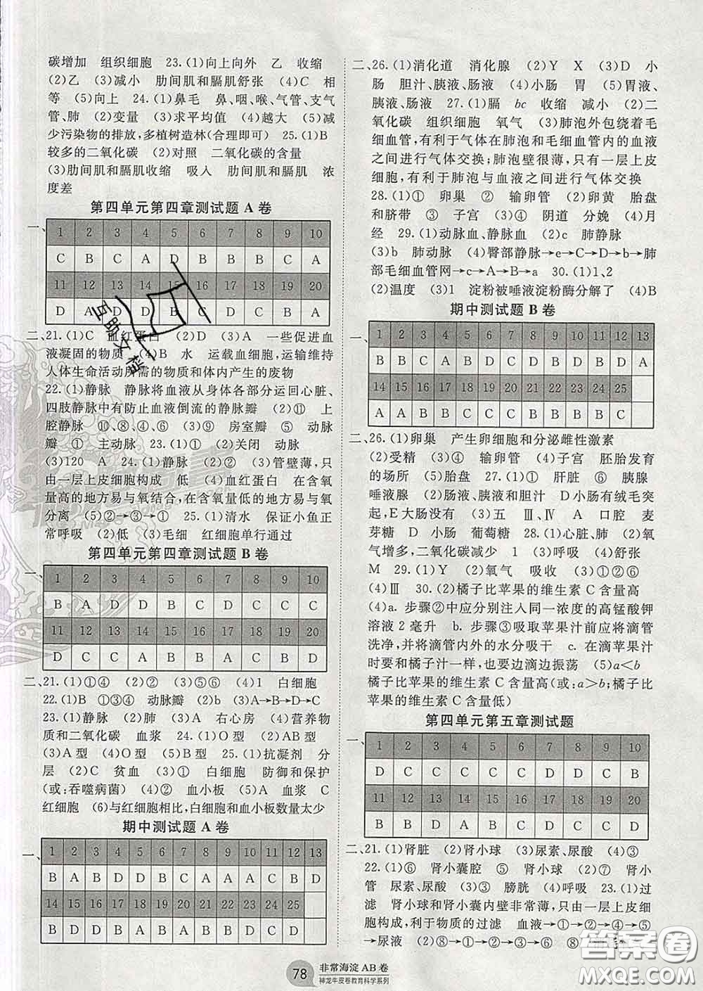 2020新版非常海淀單元測試AB卷七年級生物下冊人教版答案
