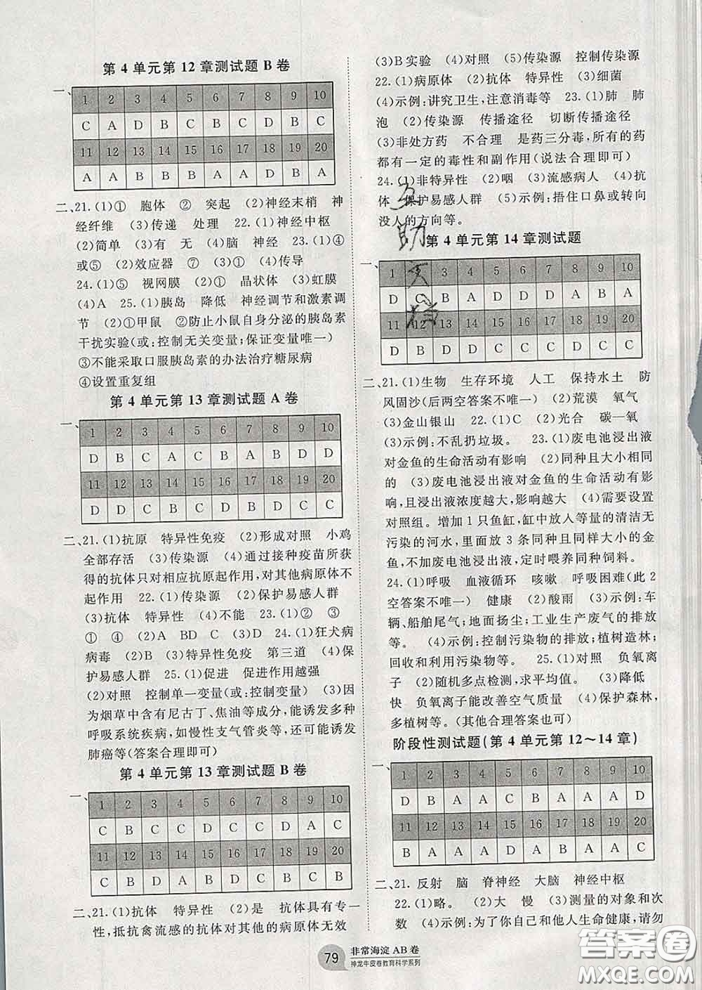 2020新版非常海淀單元測試AB卷七年級(jí)生物下冊(cè)北師版答案