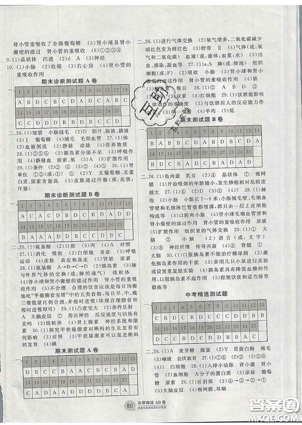 2020新版非常海淀單元測試AB卷七年級生物下冊蘇教版答案