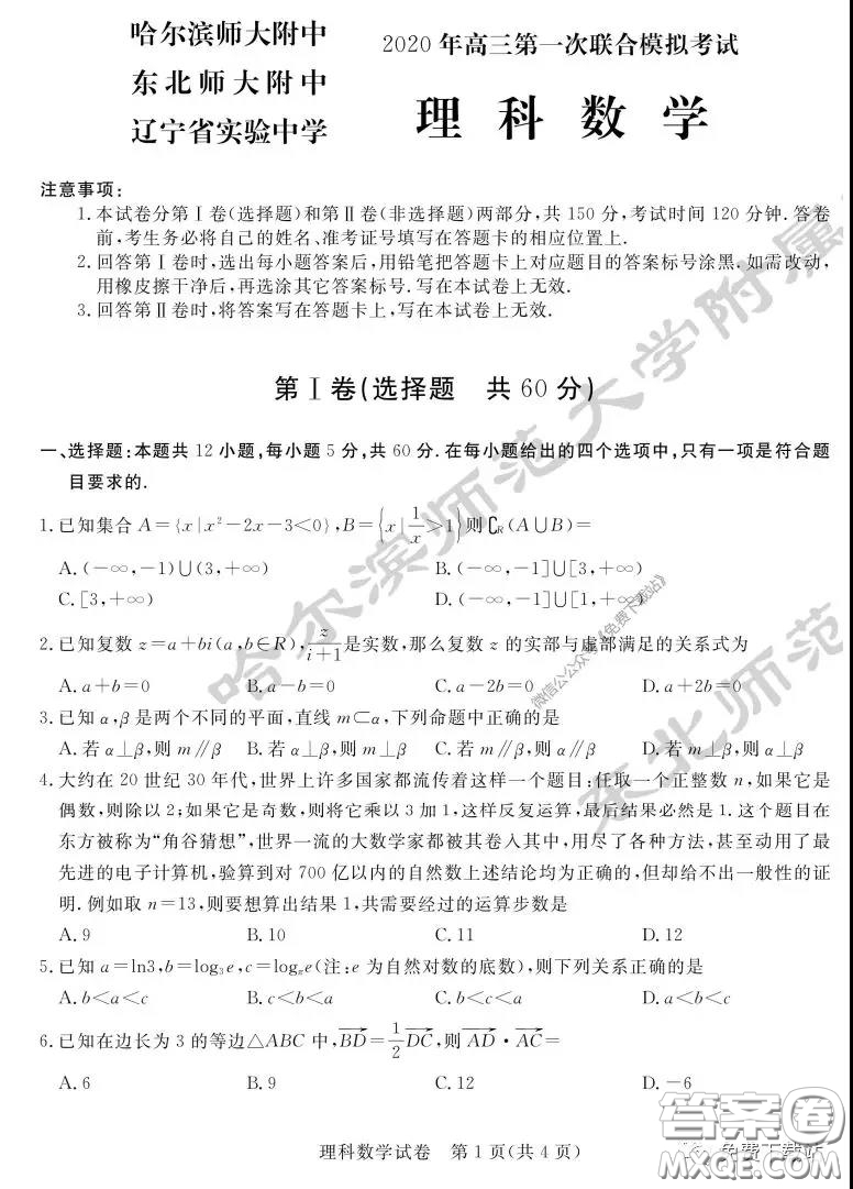 2020年東北三省三校高三第一次聯(lián)合模擬考試理科數(shù)學試題及答案