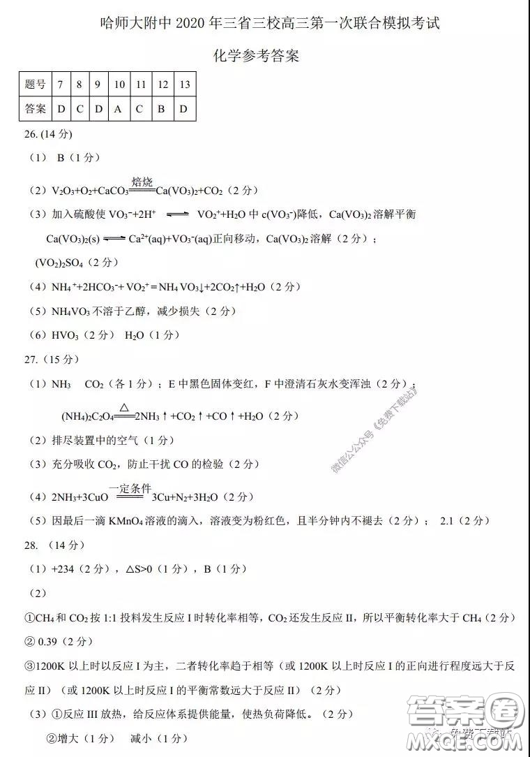 2020年?yáng)|北三省三校高三第一次聯(lián)合模擬考試?yán)砜凭C合答案