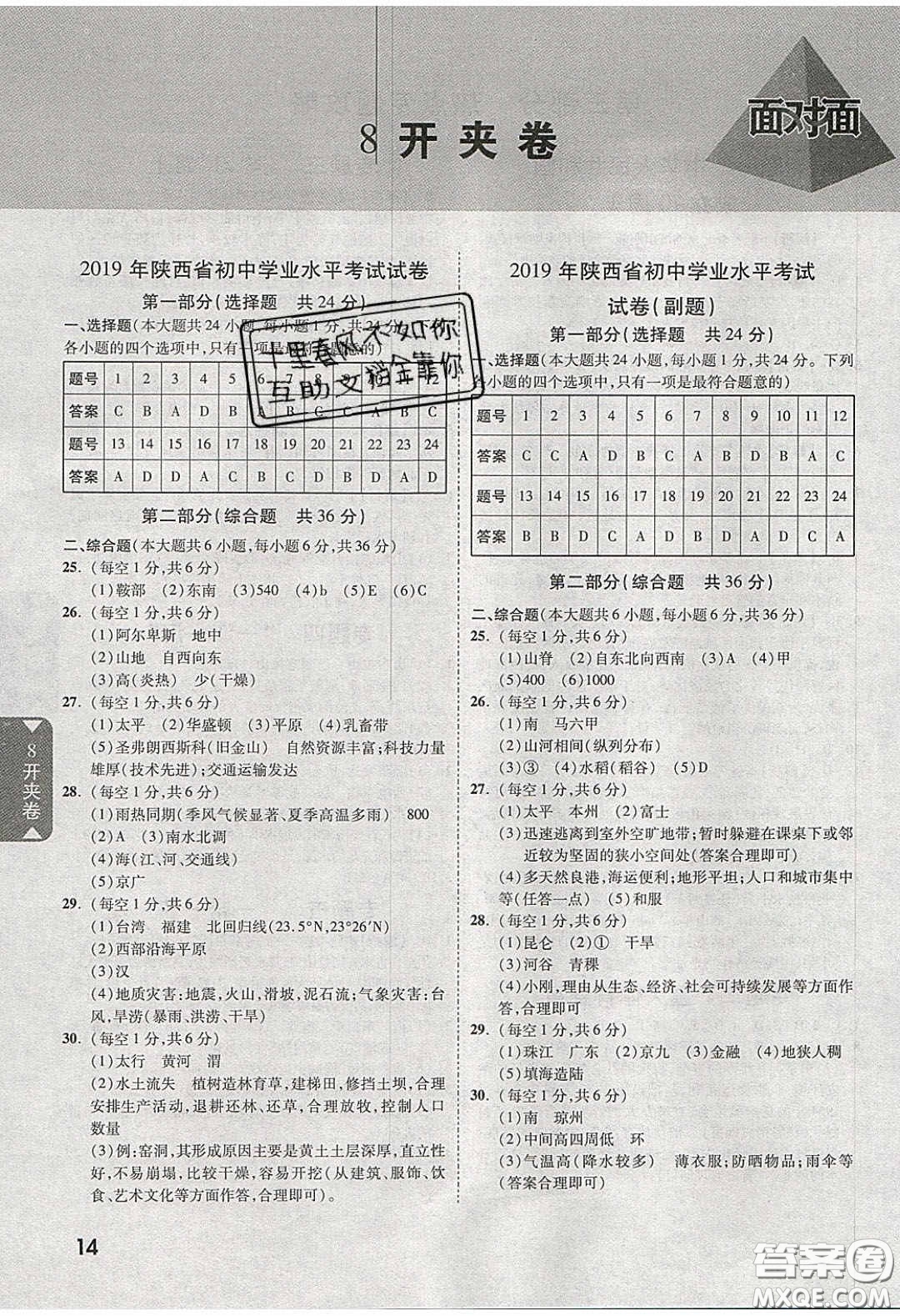 新疆青少年出版社2020年萬維陜西中考面對(duì)面地理湘教版答案