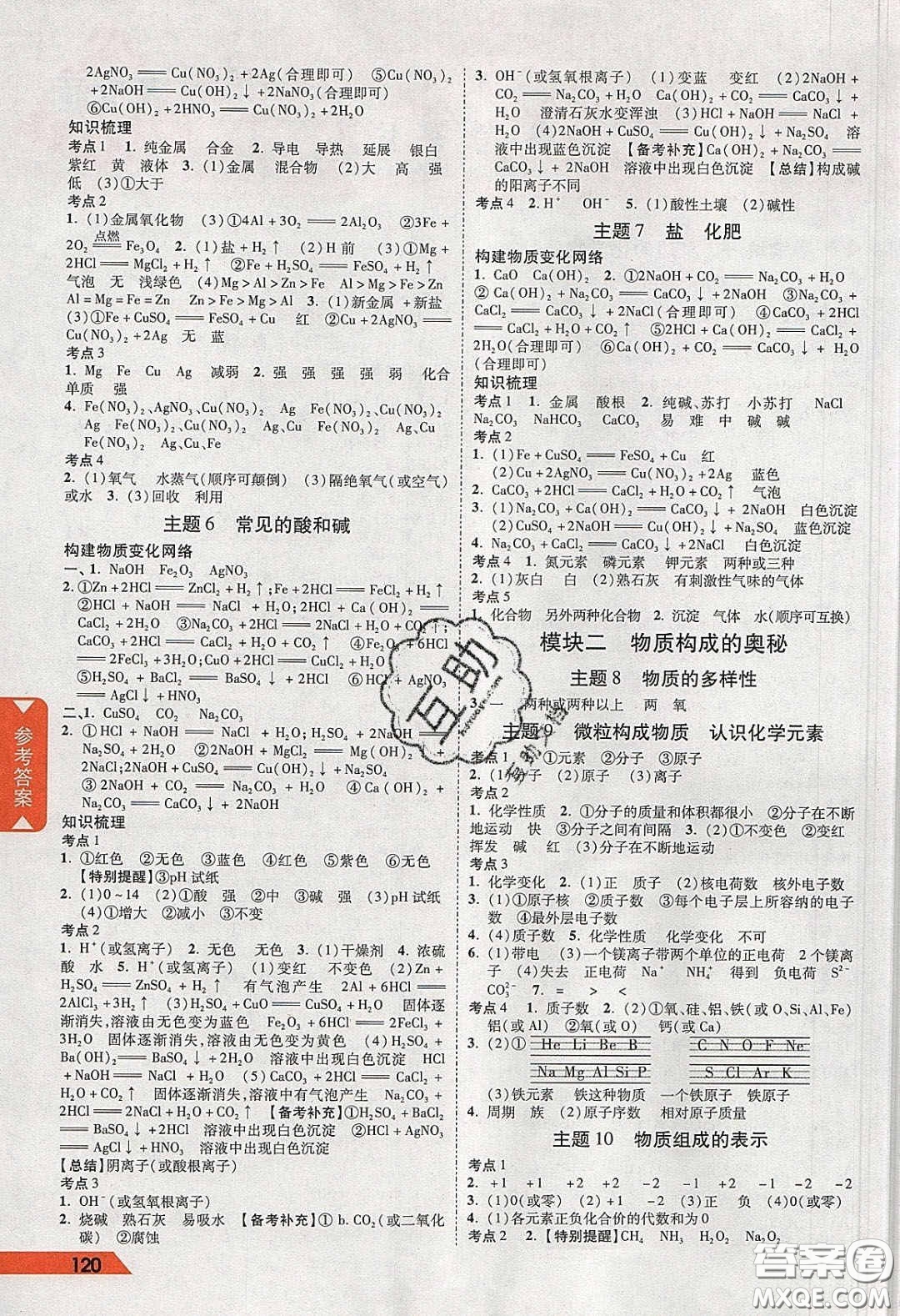 新疆青少年出版社2020陜西中考面對(duì)面化學(xué)人教版答案