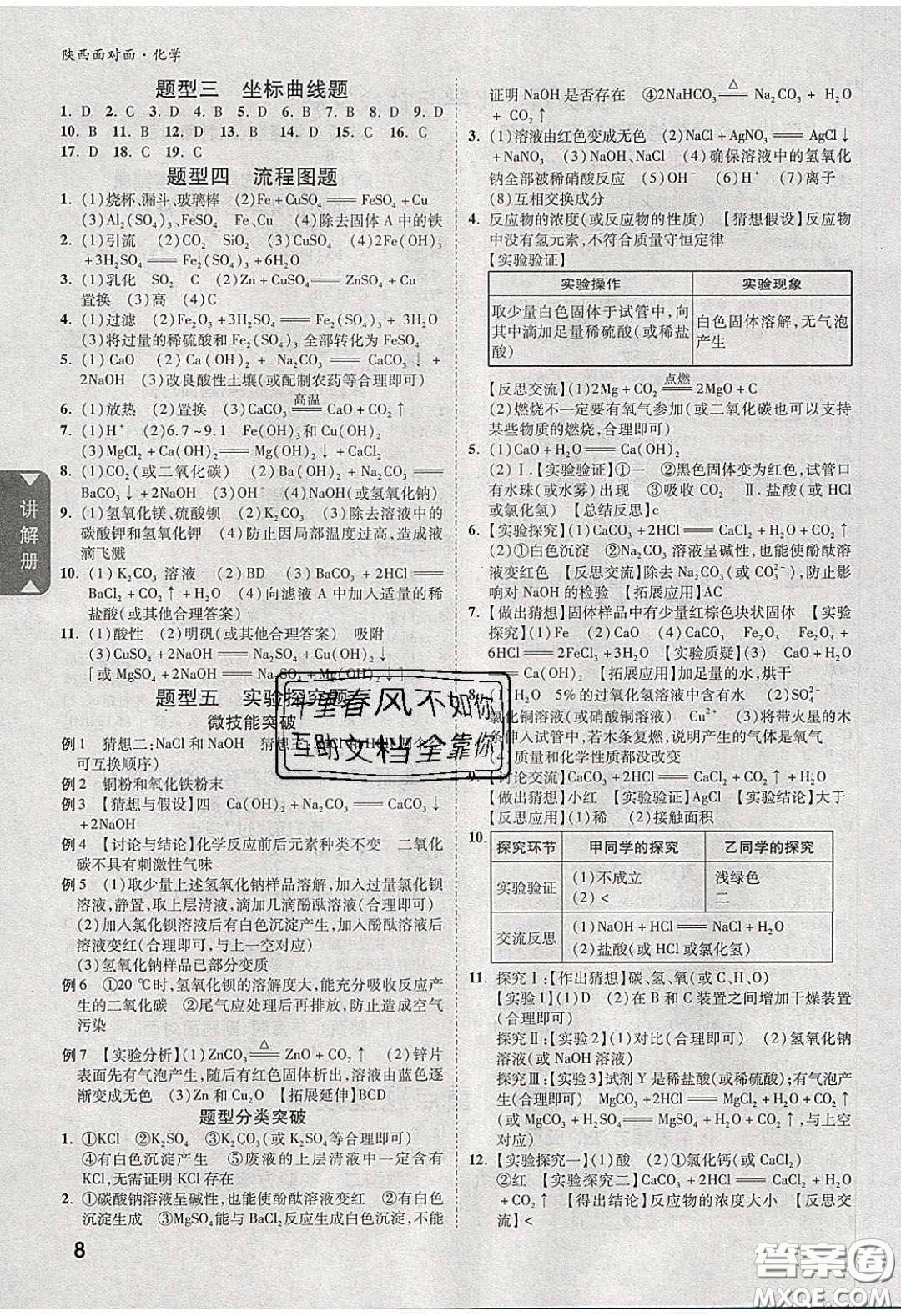 新疆青少年出版社2020陜西中考面對(duì)面化學(xué)人教版答案