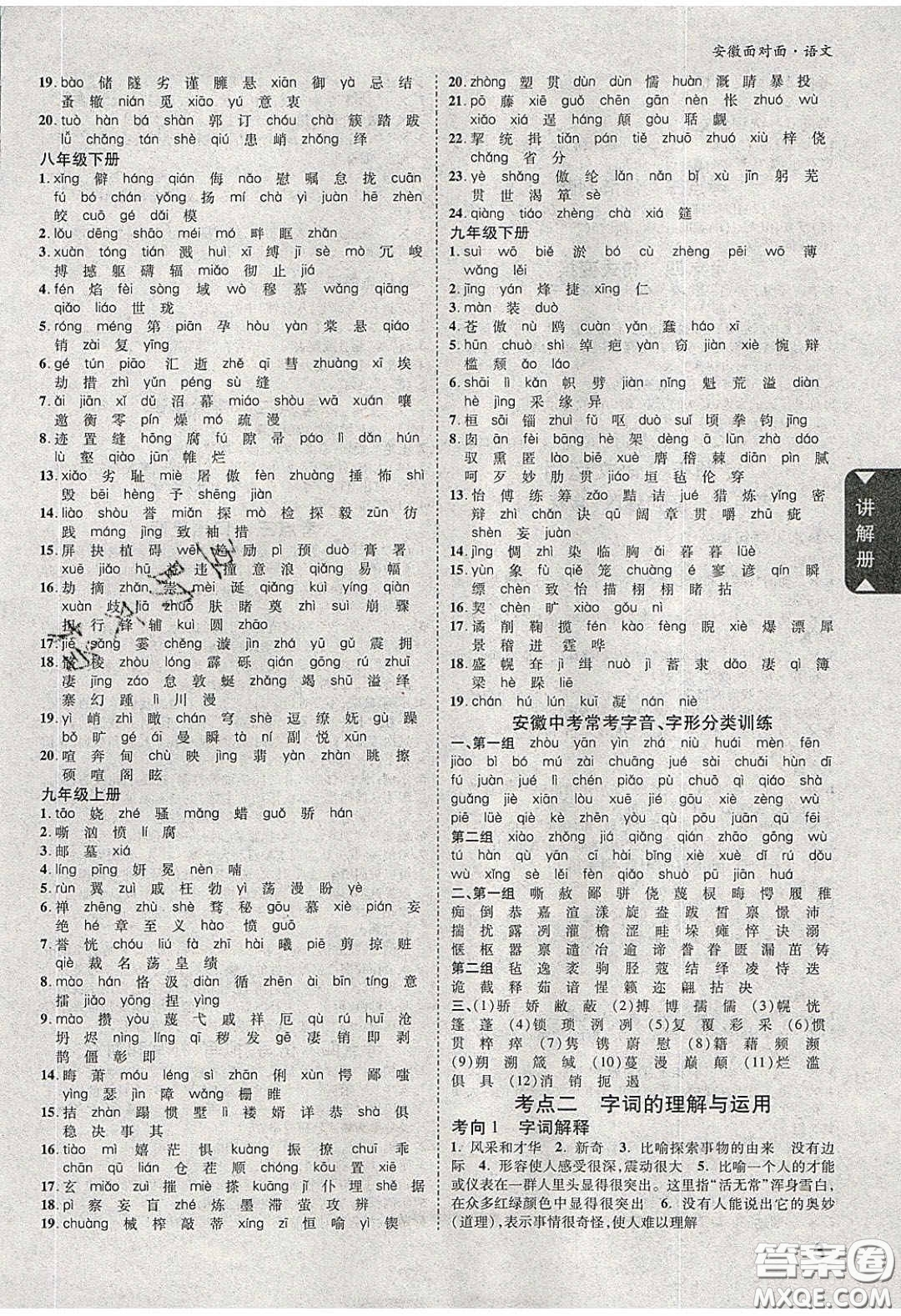 新疆青少年出版社2020年萬維安徽中考面對面語文人教版答案