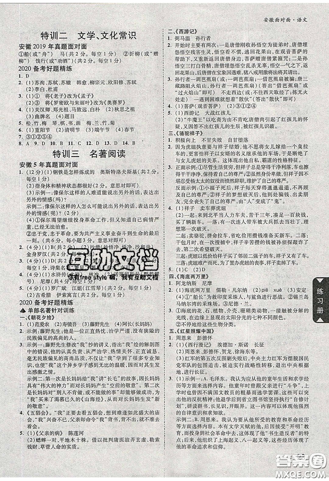 新疆青少年出版社2020年萬維安徽中考面對面語文人教版答案